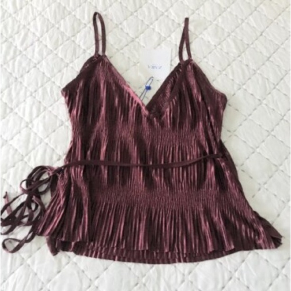 Zara Burgundy satin metallic Pleated Camisole belted tie Top